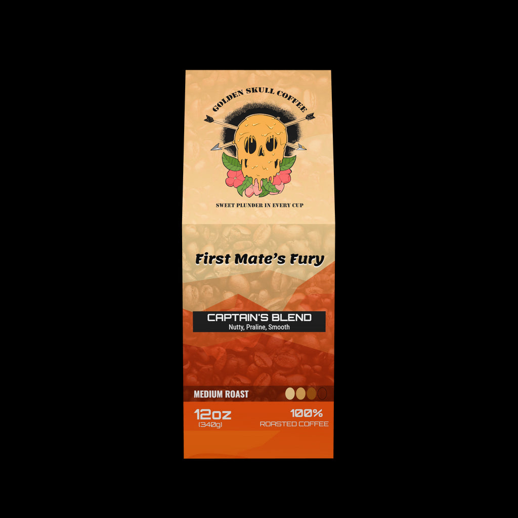 Coffee package labeled 'First Mate's Fury' with a skull design on a white background