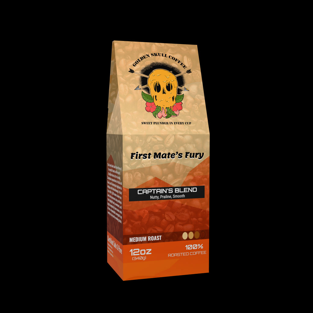 Bag of coffee labeled 'First Mate's Fury' with a skull design on a white background