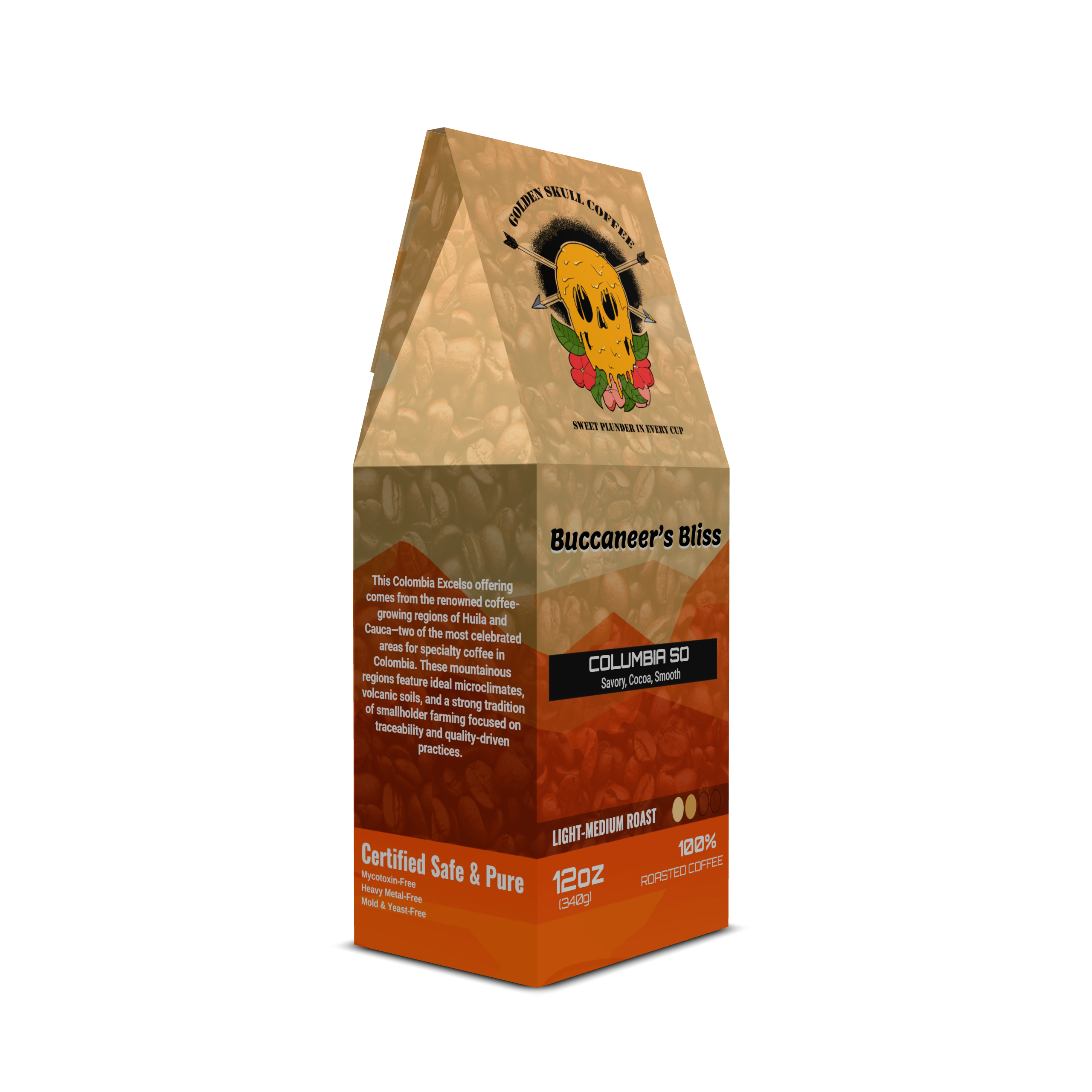 Coffee bag labeled 'Buccaneer's Bliss' with a logo