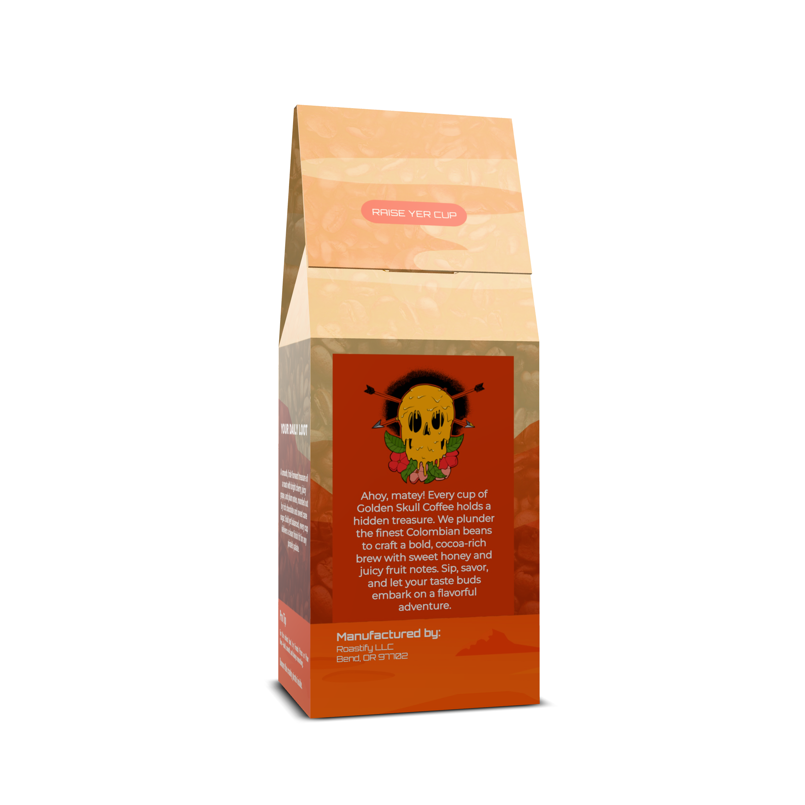 Coffee packaging with a Golden Skull Coffee logo and Buccaneer's Bliss text