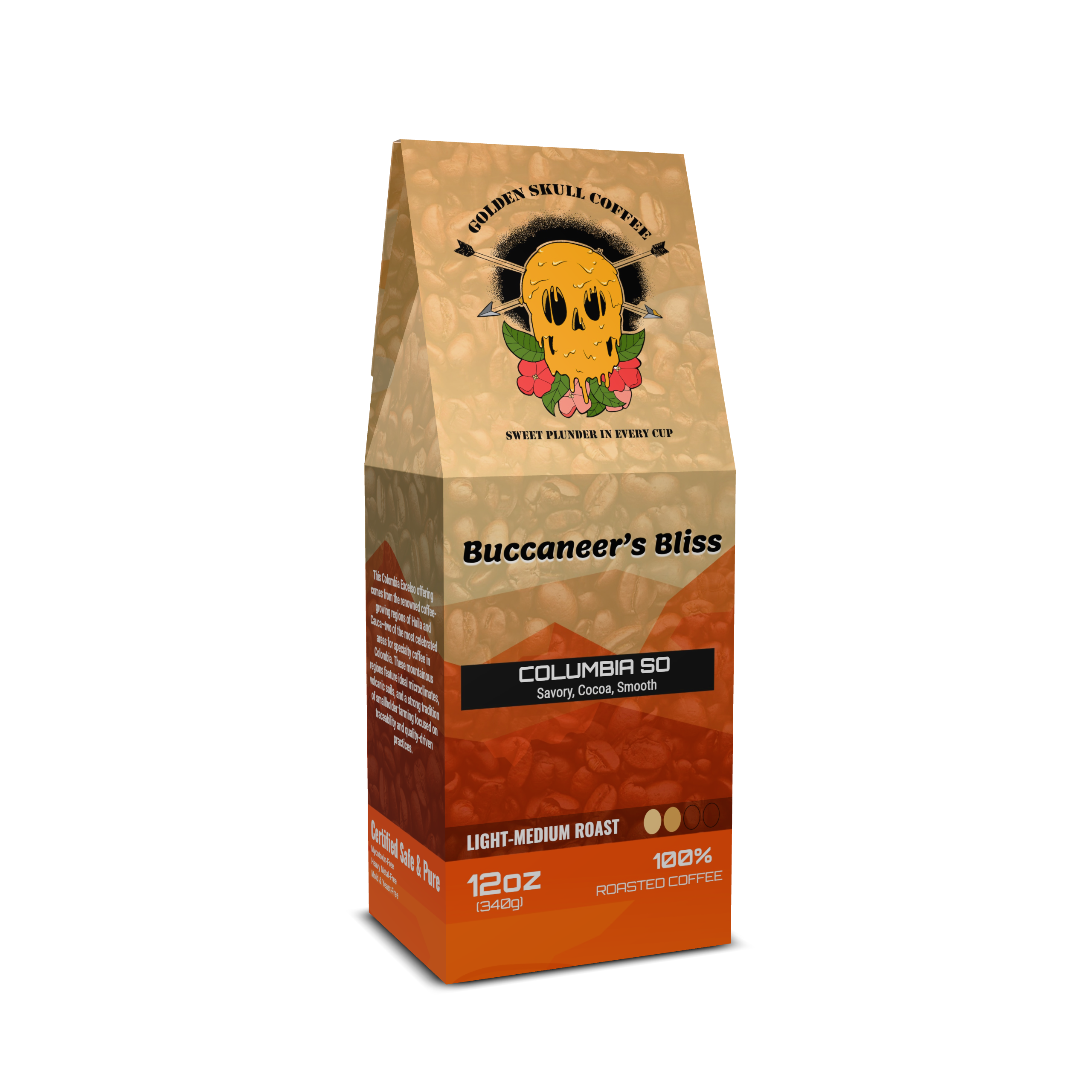Coffee bag labeled 'Buccaneer's Bliss' with a skull design Columbia single-origin coffee