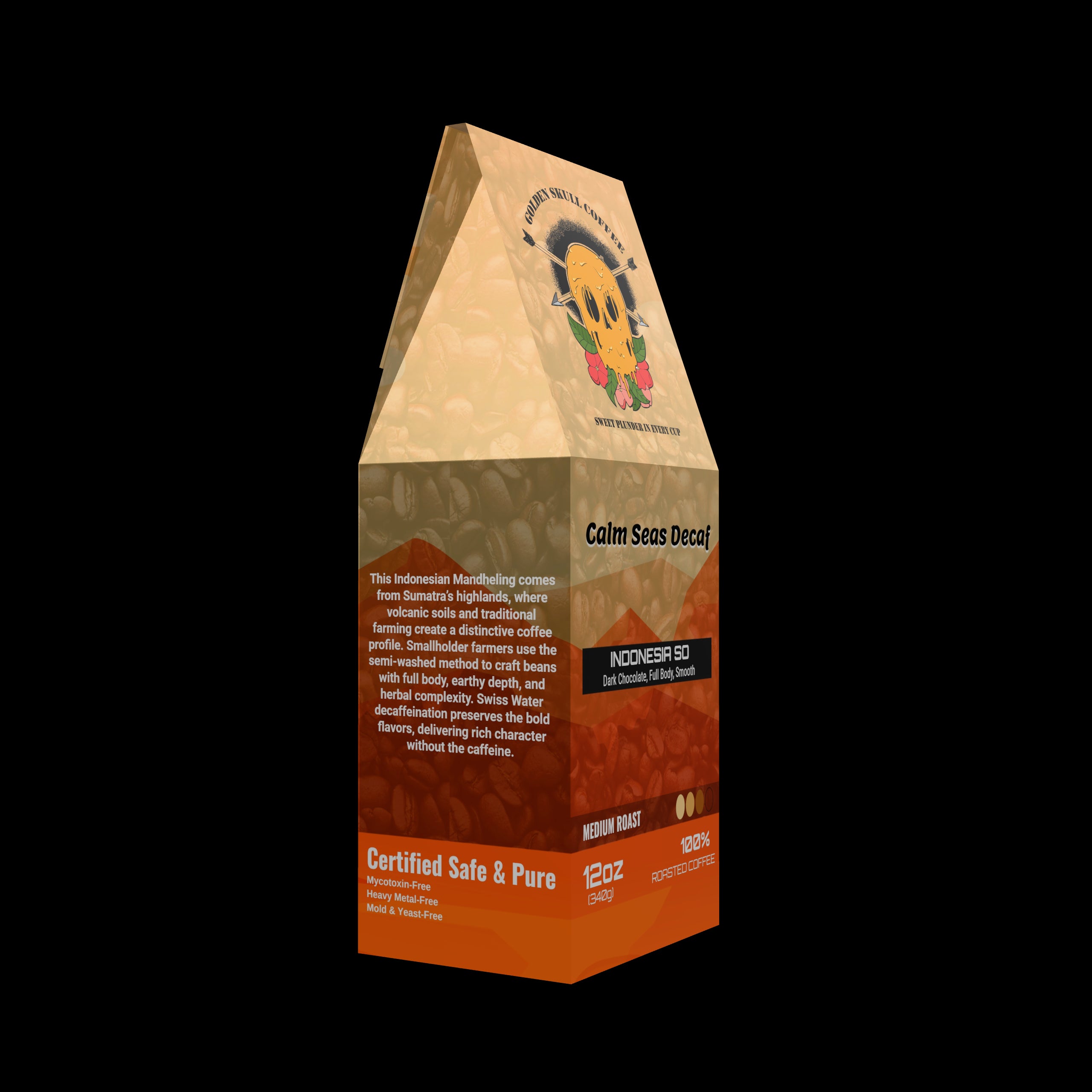 Calm Seas Decaf Coffee bag with brand logo and text on a white background
