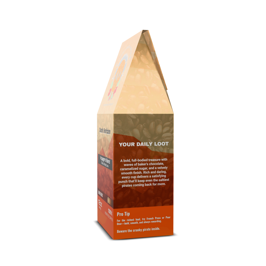 Golden Skull Coffee's Dark-Horizon Product packaging with 'Your Daily Loot' 