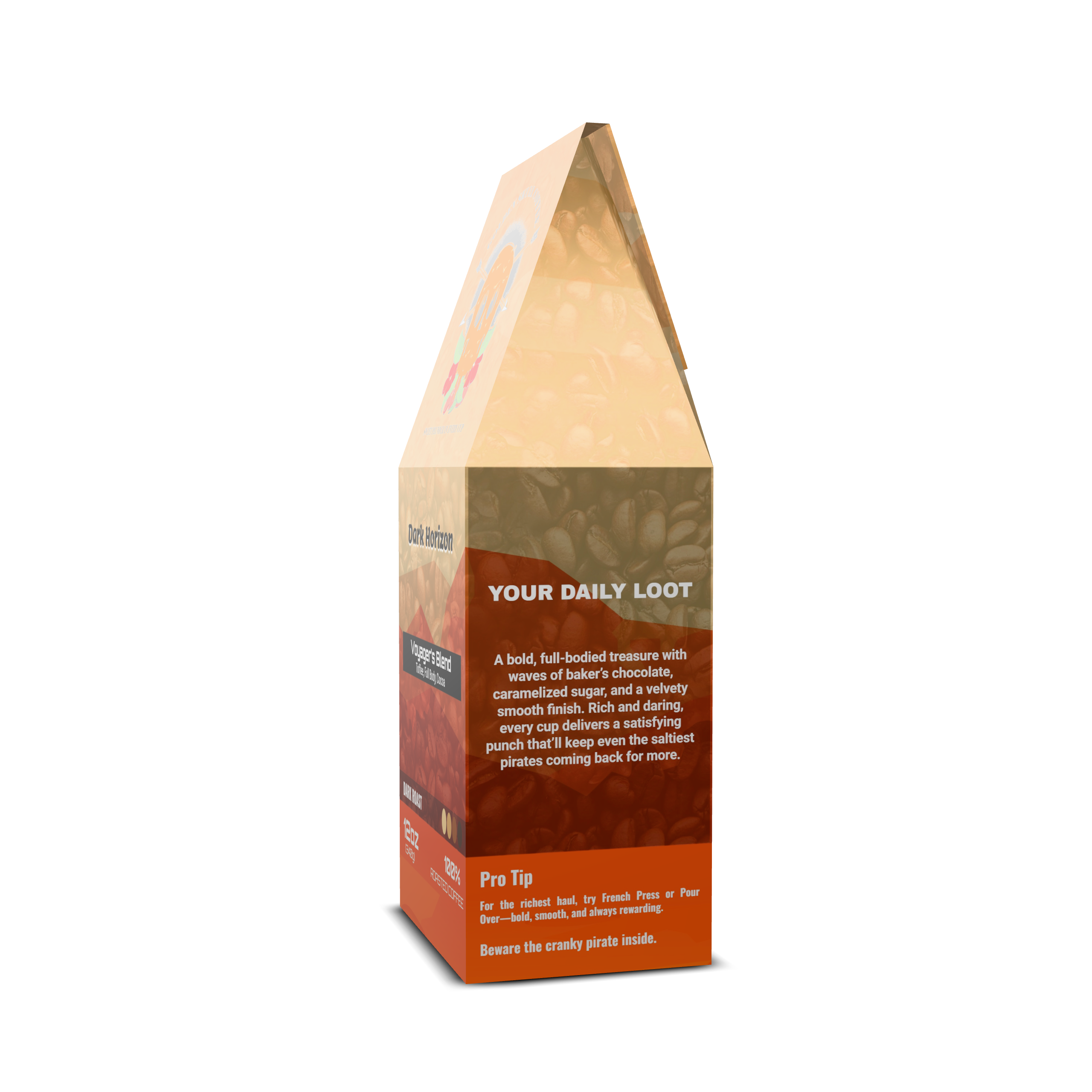 Golden Skull Coffee's Dark-Horizon Product packaging with 'Your Daily Loot' 