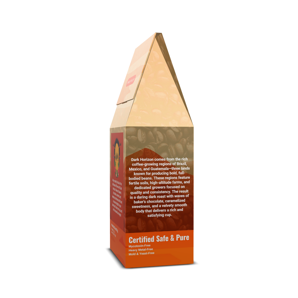 Dark Horizon Coffee product packaging with text on a white background