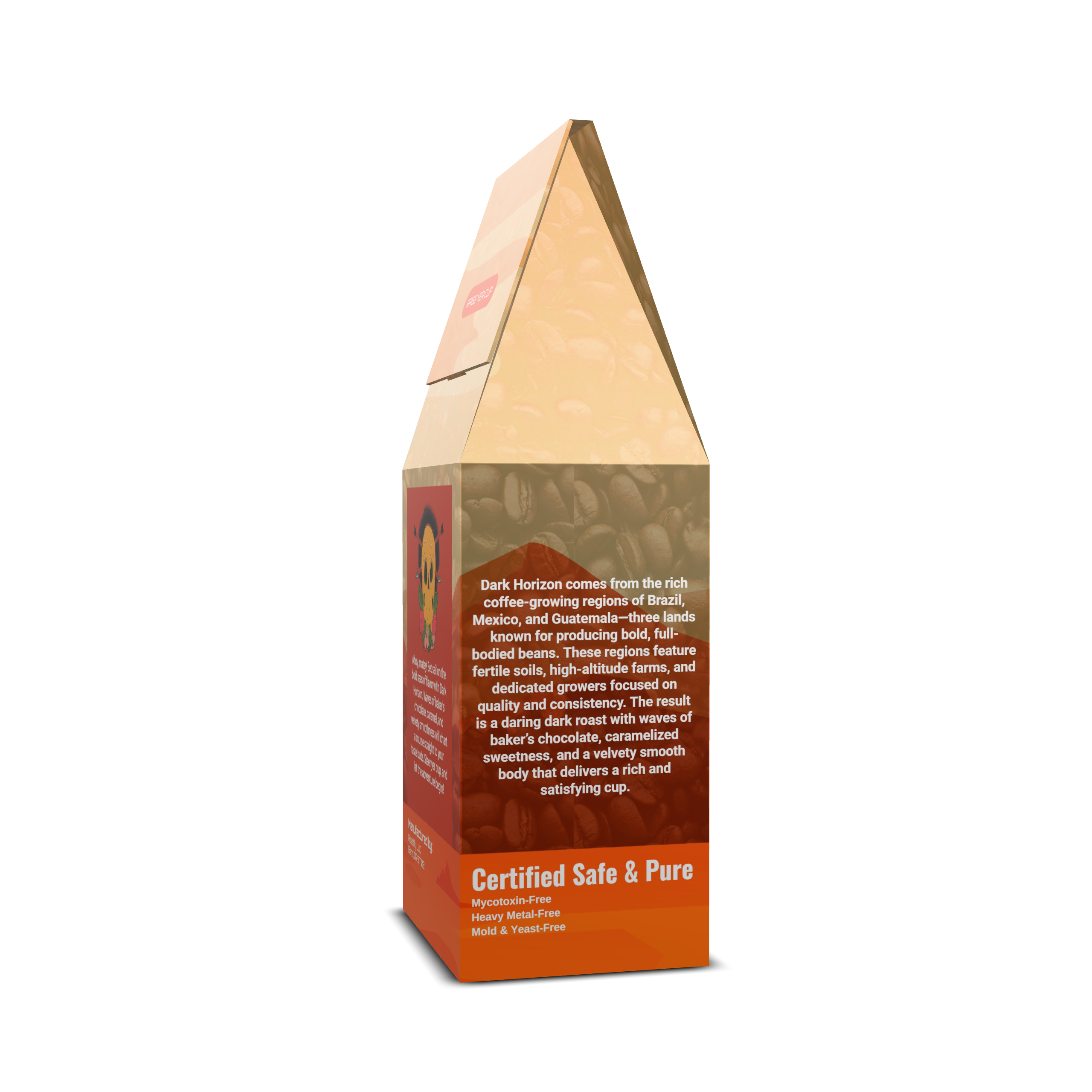 Dark Horizon Coffee product packaging with text on a white background