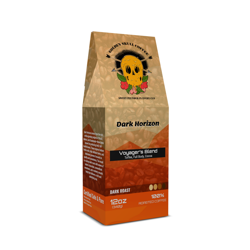 Coffee bag labeled 'Dark Horizon' with a skull design on a white background