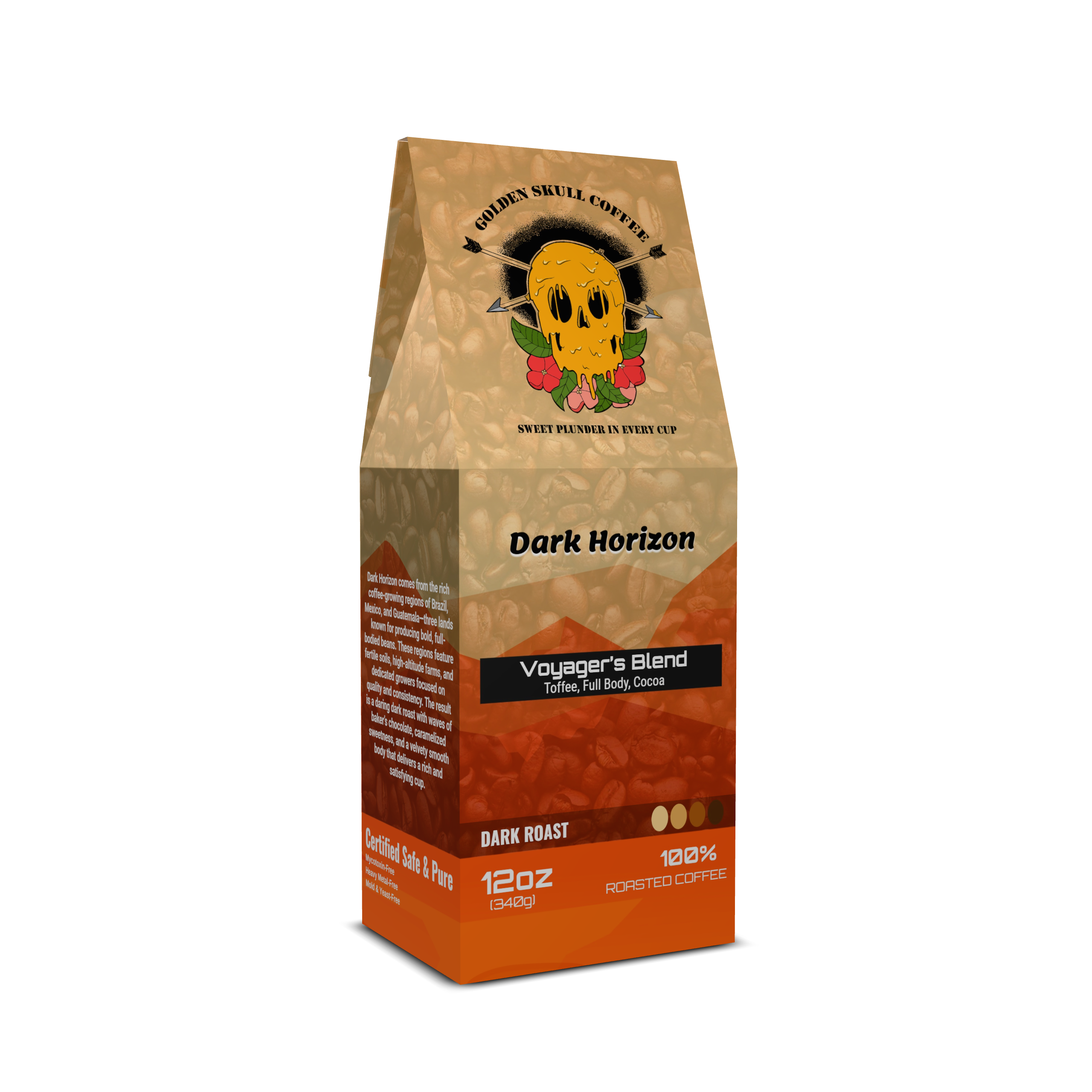 Coffee bag labeled 'Dark Horizon' with a skull design on a white background