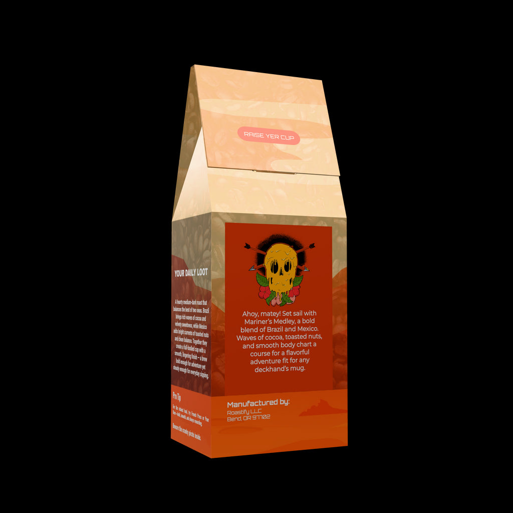 Golden Skull Coffee Mariner's Medley Blend coffee information packaging