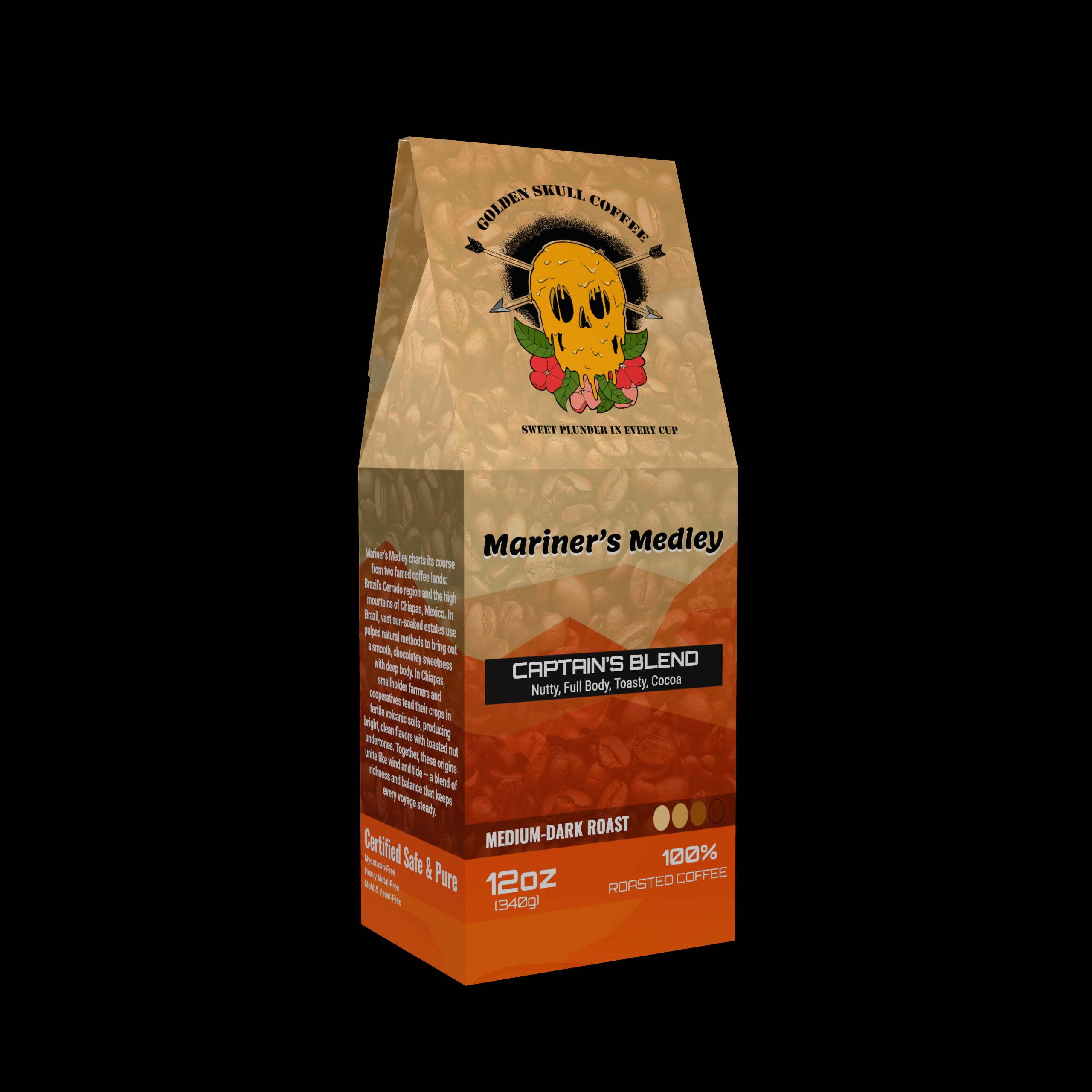 Coffee bag labeled 'Mariner's Medley' with a skull design on a white background