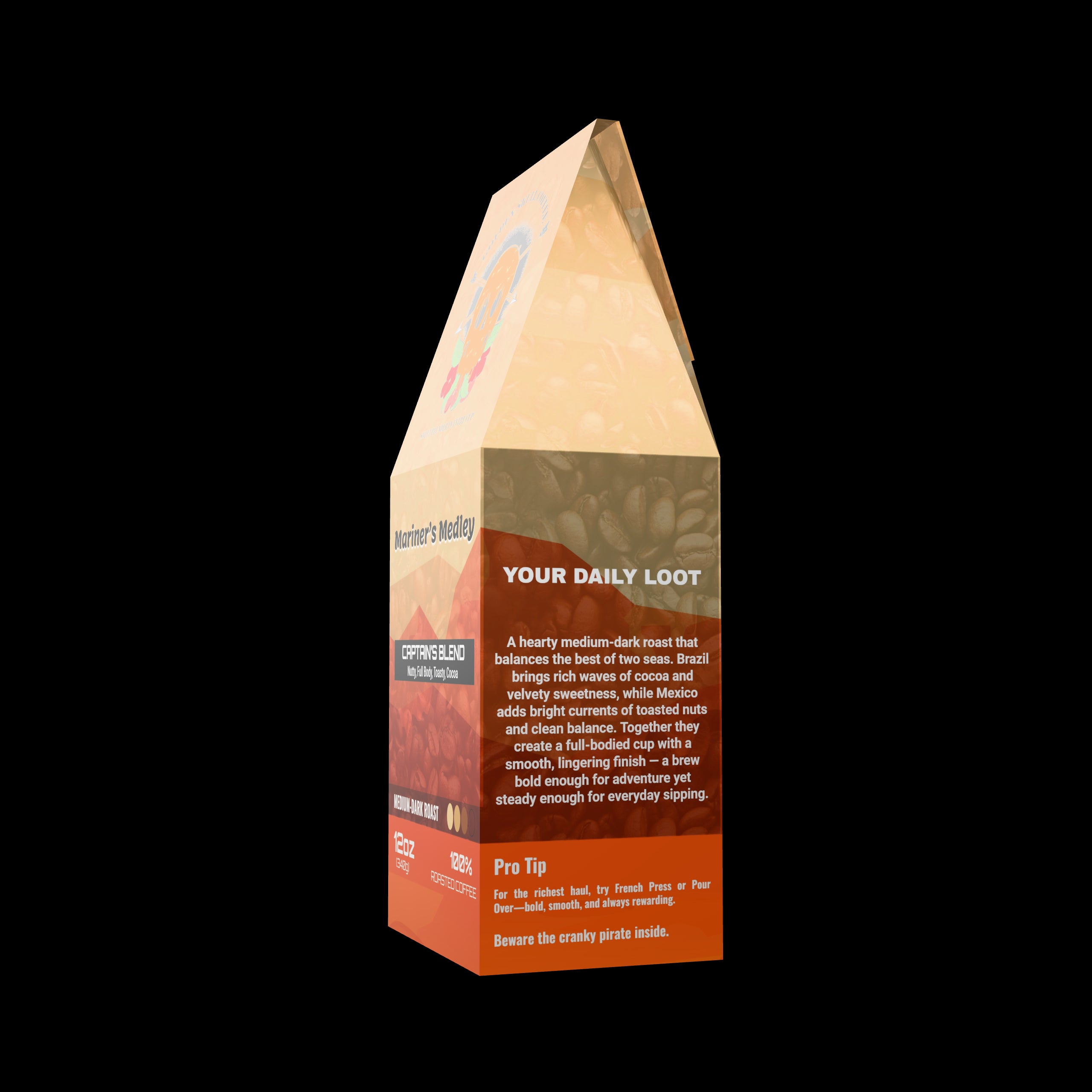 Golden Skull Coffee Mariner's Medley Cardboard packaging with text and branding on a white background